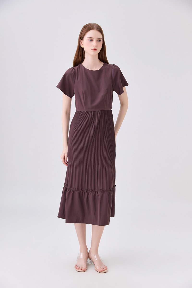 Teresa Pressed Pleat Midi Dress In Brown