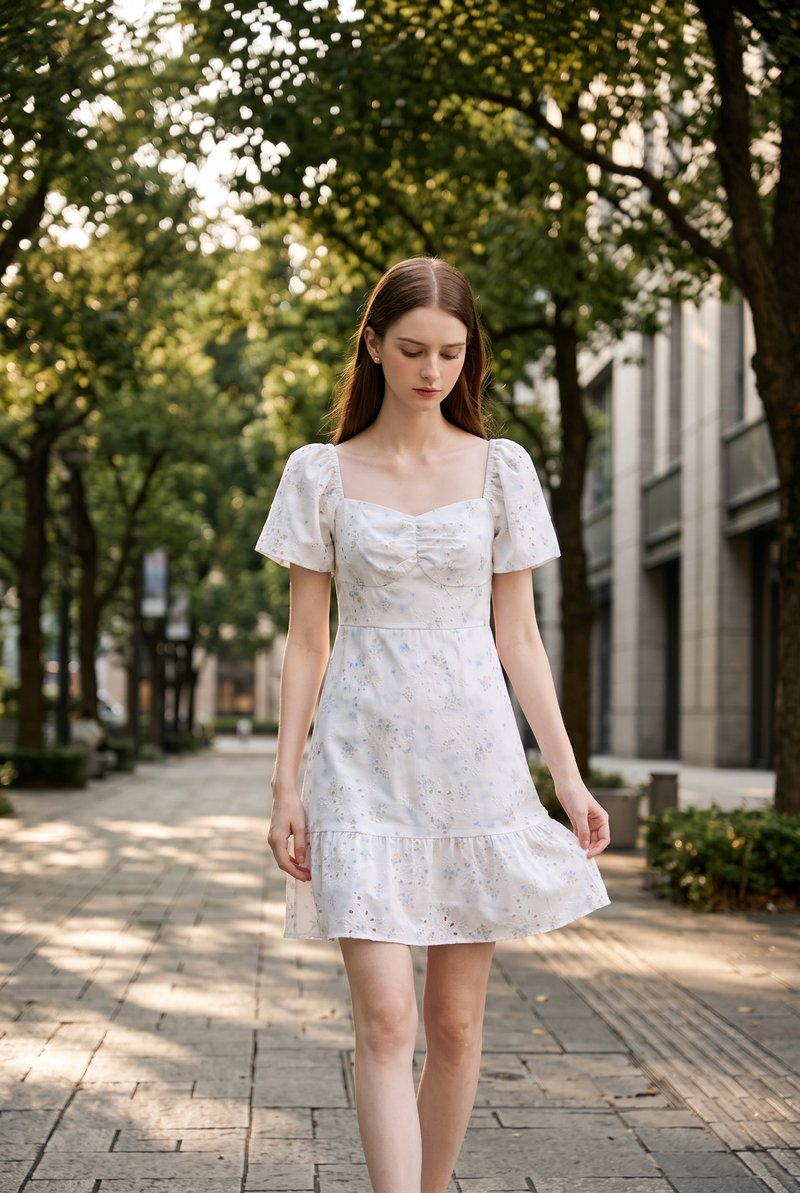 Rayne Eyelet Sweetheart Ruched Dress In Blue