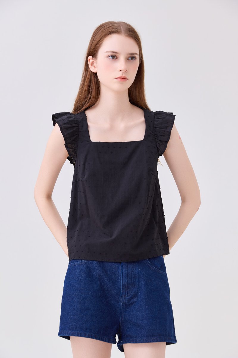 Delaney Swiss Dot Ruffles Top In Black