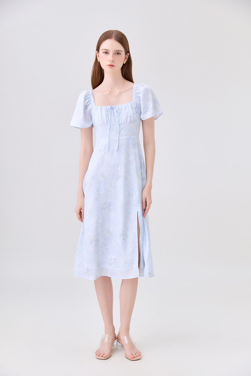 Soraya Ruched Floral Midi Dress In Soft Blue