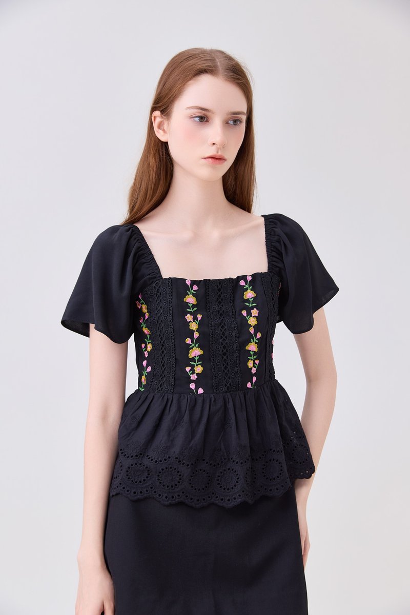 Rosalie Embroidered Eyelet Babydoll Top In Black