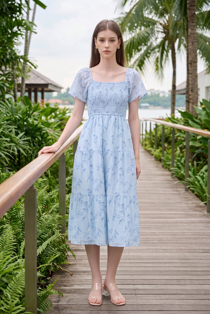 Emi Smocked Floral Midi Tier Dress In Powder Blue