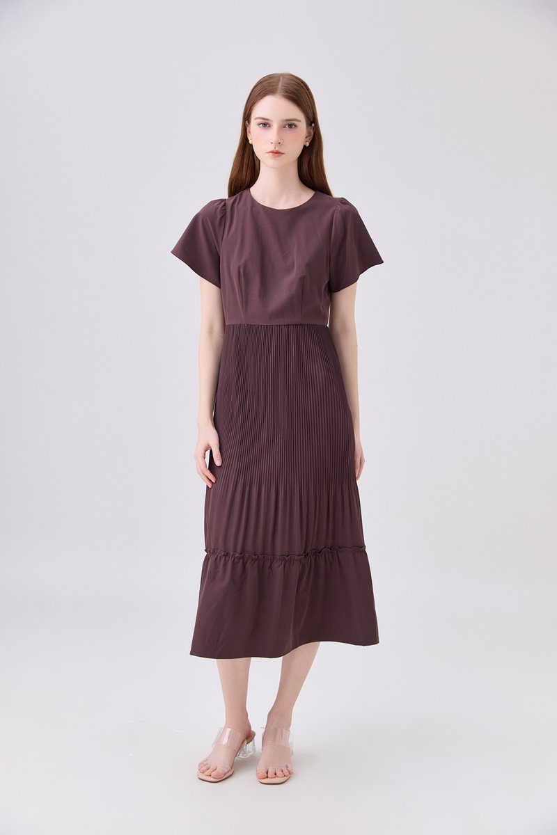 Teresa Pressed Pleat Midi Dress In Brown