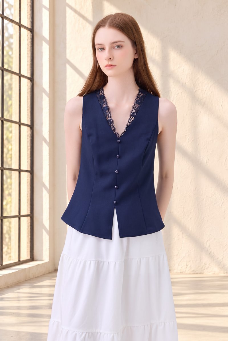 Lydia Lace Button Top In Navy