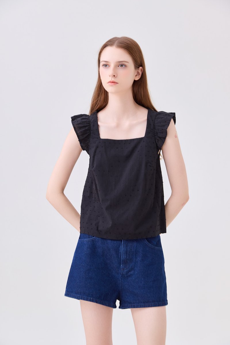 Delaney Swiss Dot Ruffles Top In Black