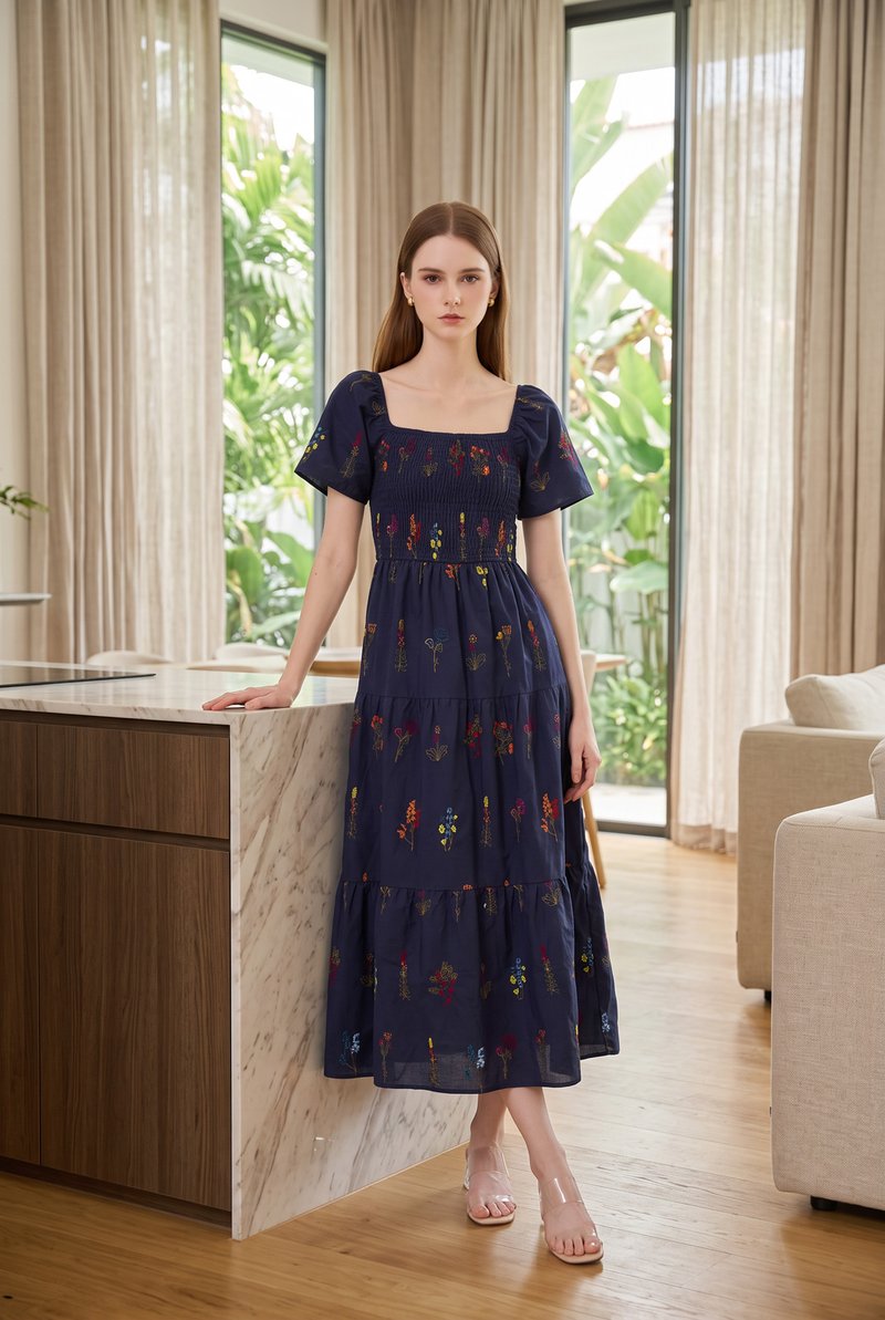 Aven Embroidered Floral Midi Dress In Navy