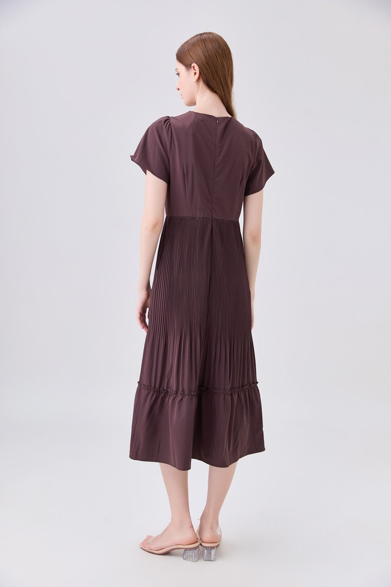 Teresa Pressed Pleat Midi Dress In Brown