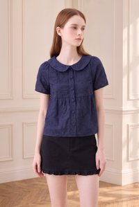 Solene Embroidered Peterpan Collar Top In Navy