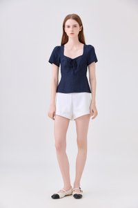Mariana Pintuck Ribbon Top In Navy