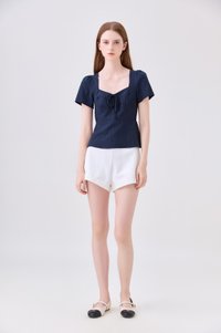 Mariana Pintuck Ribbon Top In Navy