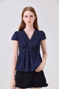 Malia Embroidery Lace Ribbon Top In Navy