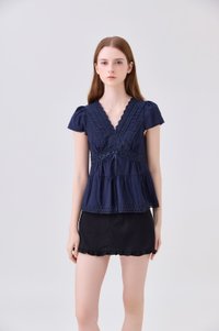 Malia Embroidery Lace Ribbon Top In Navy