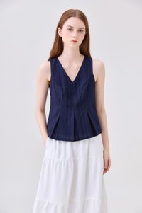 Leonette Eyelet Pleated Top In Navy