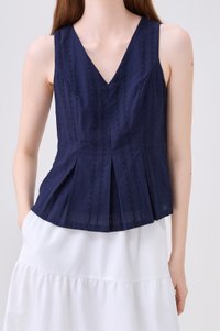 Leonette Eyelet Pleated Top In Navy