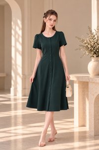 Destiny Button Cotton Midi Dress In Forest