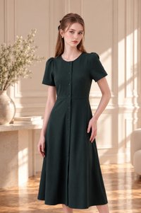 Destiny Button Cotton Midi Dress In Forest