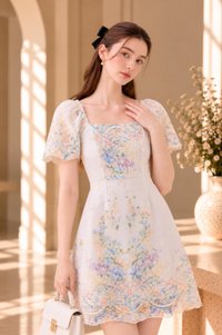 Mystique Fleur Embroidered Dress in Sand