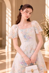 Mystique Fleur Embroidered Dress in Sand