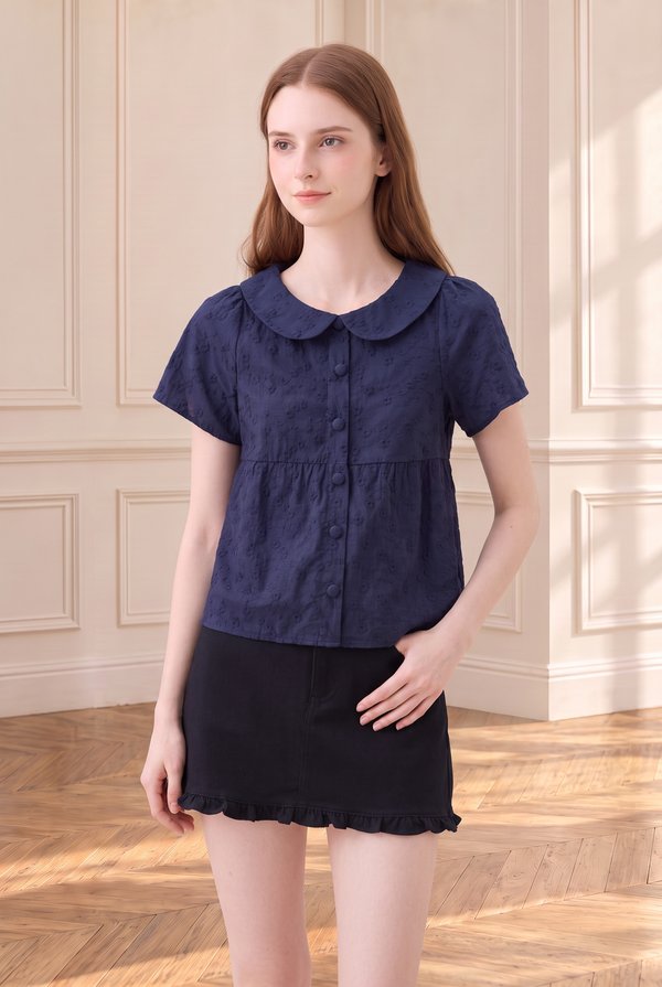 Solene Embroidered Peterpan Collar Top In Navy
