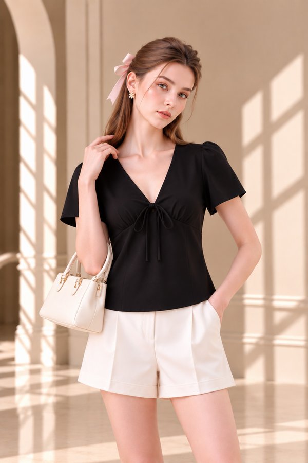 Virelle Empire Waist Ribbon Top In Black