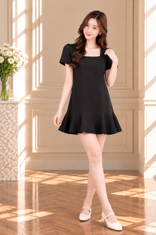 Nerine Square Neck Dropwaist Dress In Black