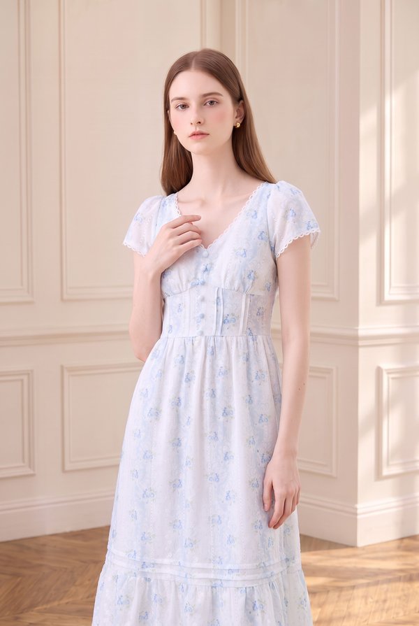 Florentine Floral Empire Waist Pintuck Midi Dress