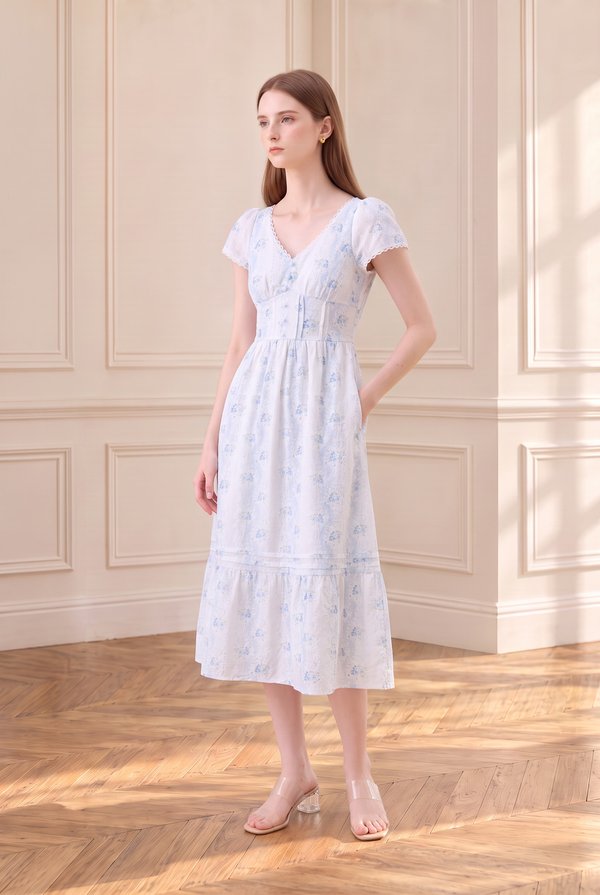 Florentine Floral Empire Waist Pintuck Midi Dress