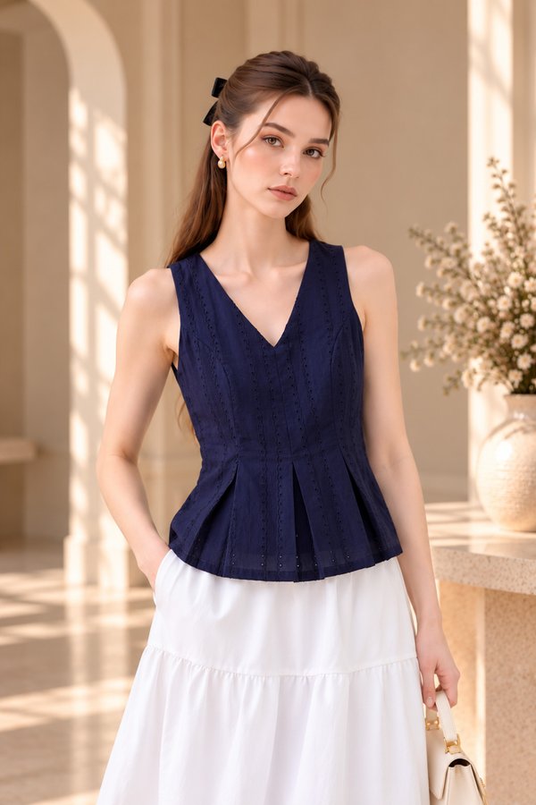 Leonette Eyelet Pleated Top In Navy