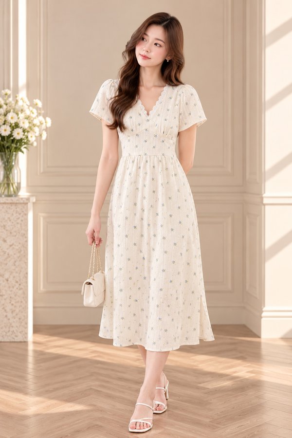 Jream Empire Waist Midi Dress In Cream