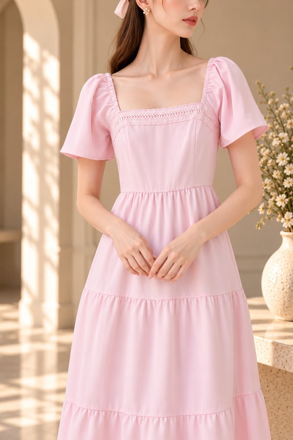 Opaline Crochet Tier Midi Dress In Pink