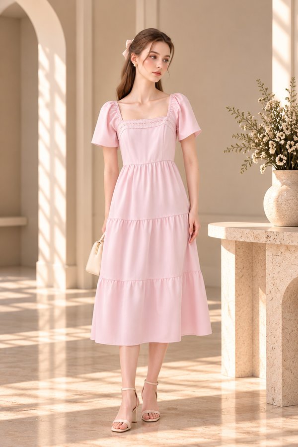 Opaline Crochet Tier Midi Dress In Pink