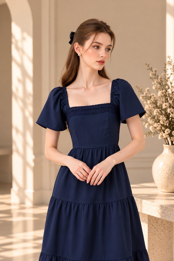 Opaline Crochet Tier Midi Dress In Navy