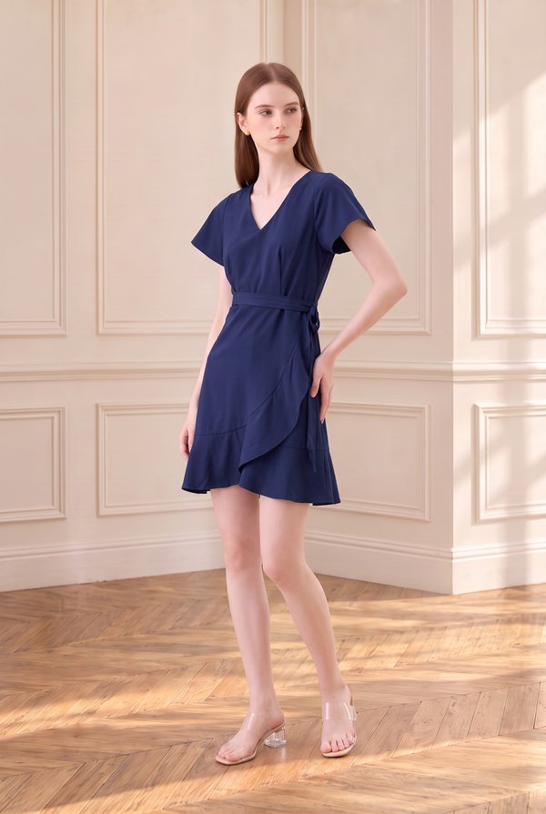 Elaria Ruffle Ribbon Dress In Navy