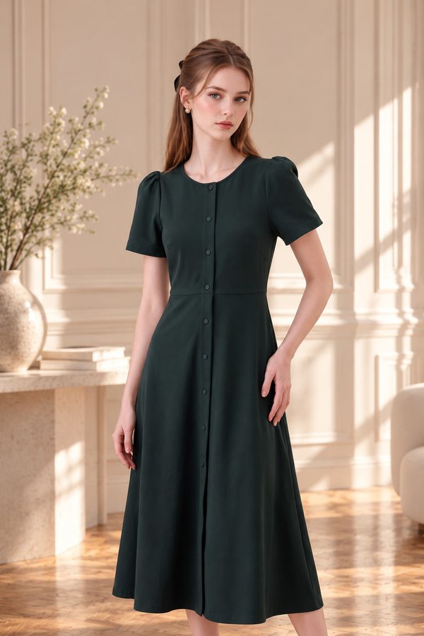 Destiny Button Cotton Midi Dress In Forest