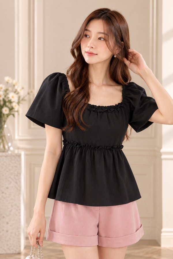 Anaya Ruffles Babydoll Top In Black