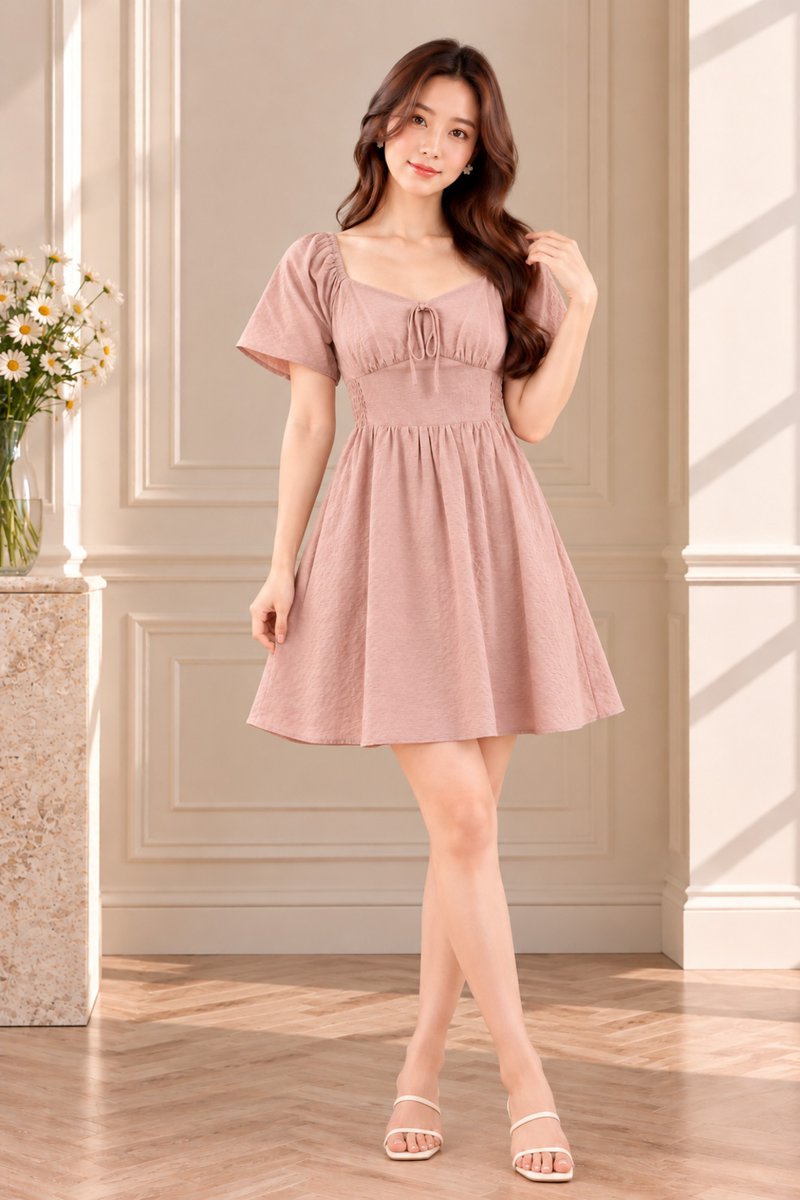 Quinn Empire Waist Smocked Dress In Dusty Pink