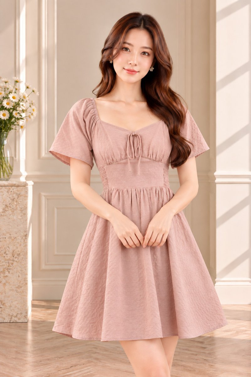 Quinn Empire Waist Smocked Dress In Dusty Pink