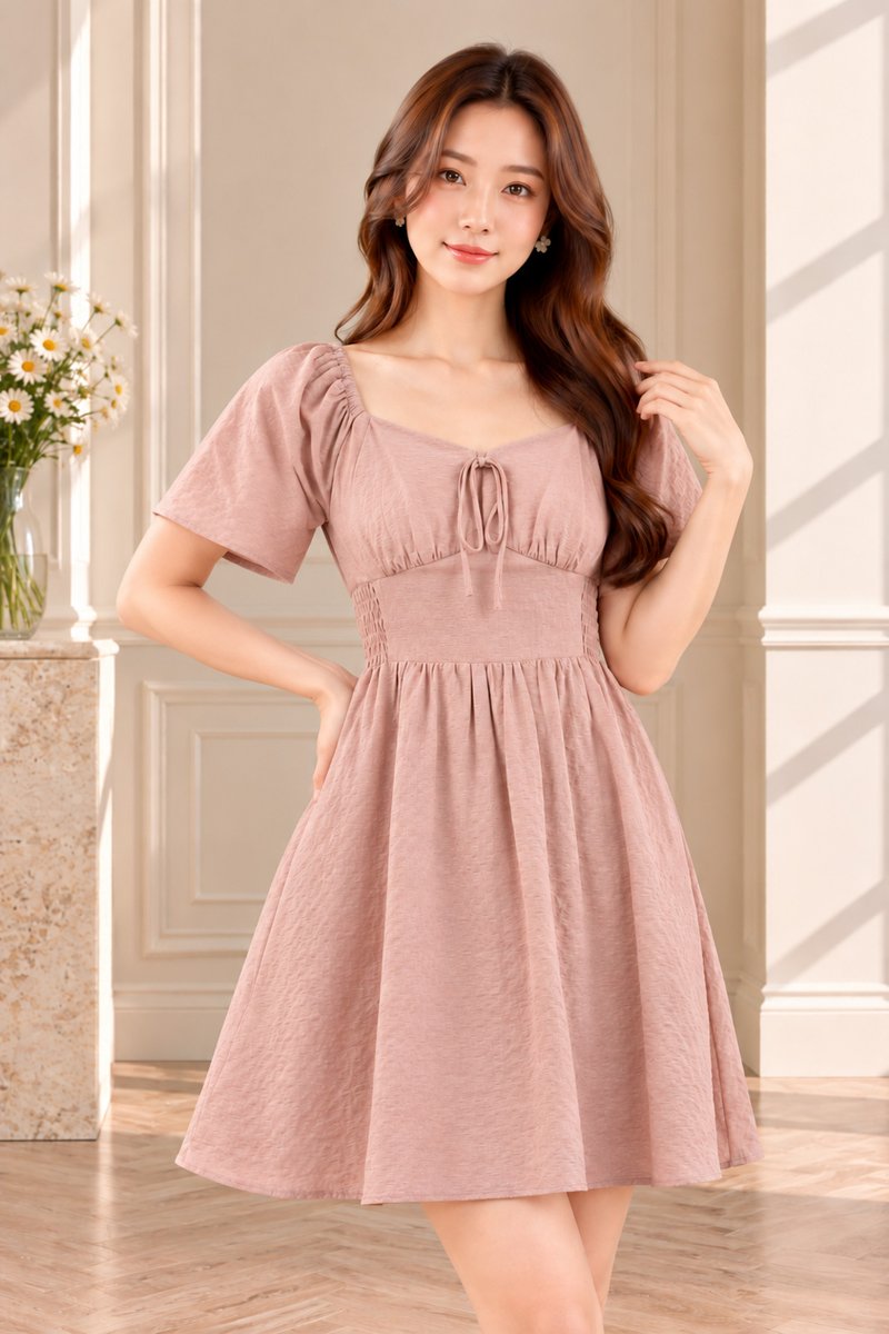 Quinn Empire Waist Smocked Dress In Dusty Pink