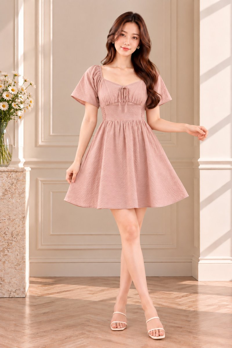 Quinn Empire Waist Smocked Dress In Dusty Pink