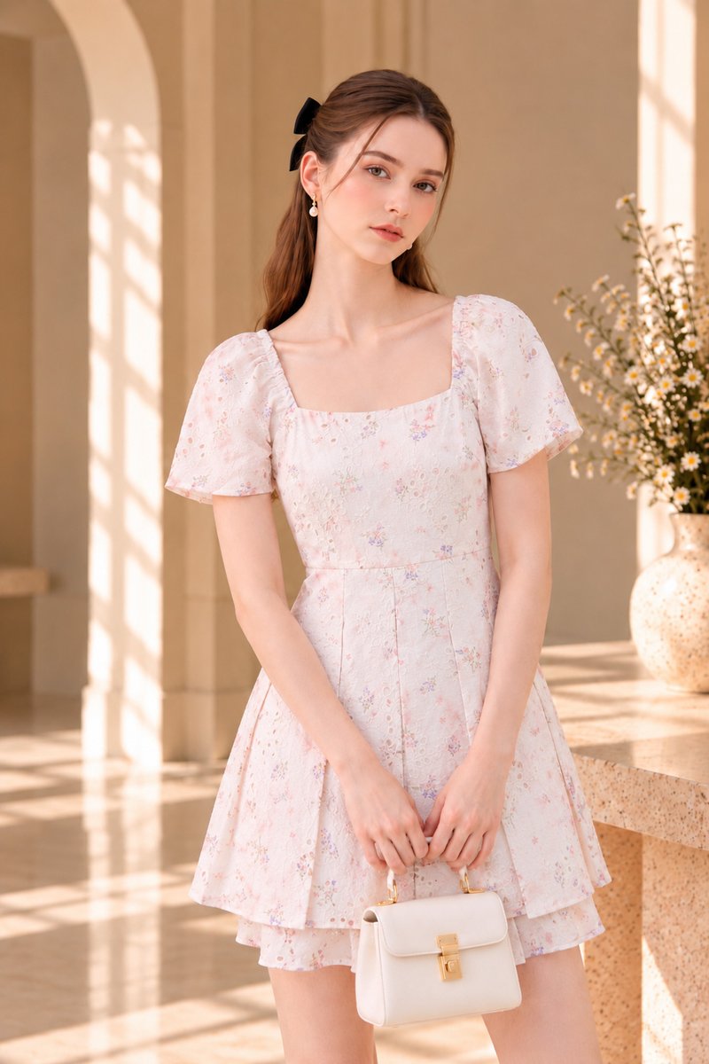Rayne Eyelet Floral Layered Romper In Pink