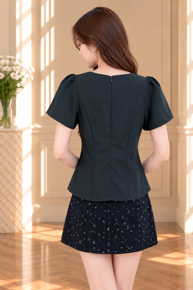 Virelle Empire Waist Ribbon Top In Forest