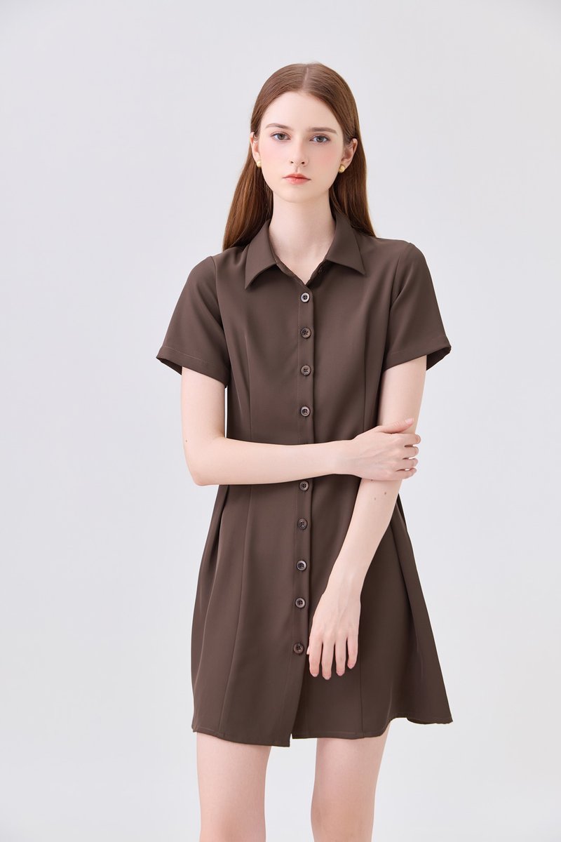Ainsley Button Down Shirt Dress In Brown
