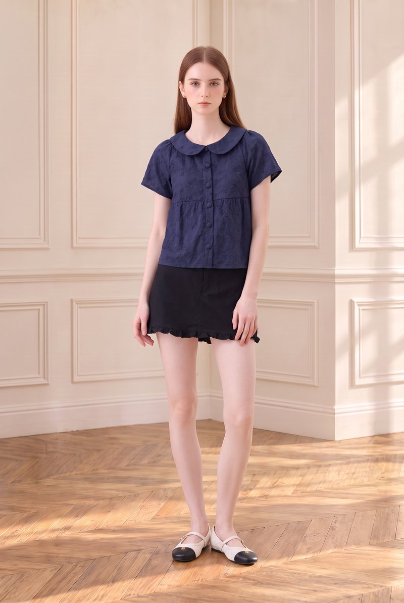 Solene Embroidered Peterpan Collar Top In Navy