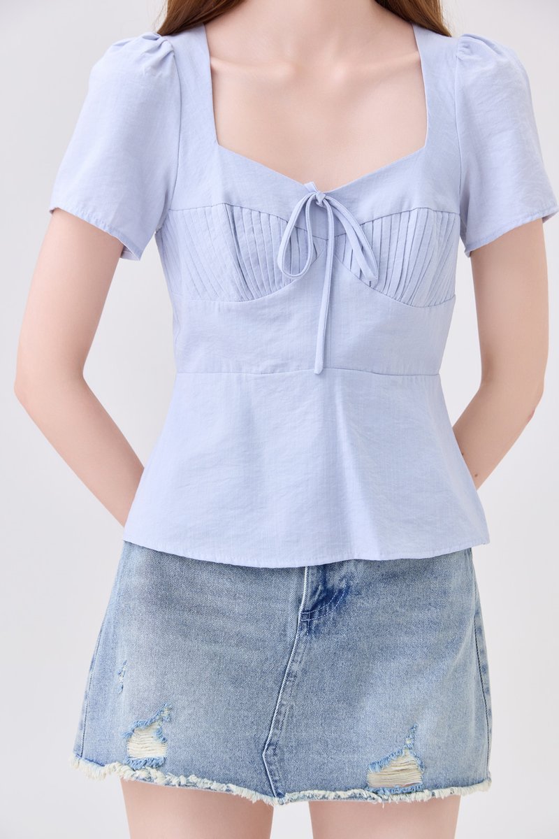 Mariana Pintuck Ribbon Top In Powder Blue