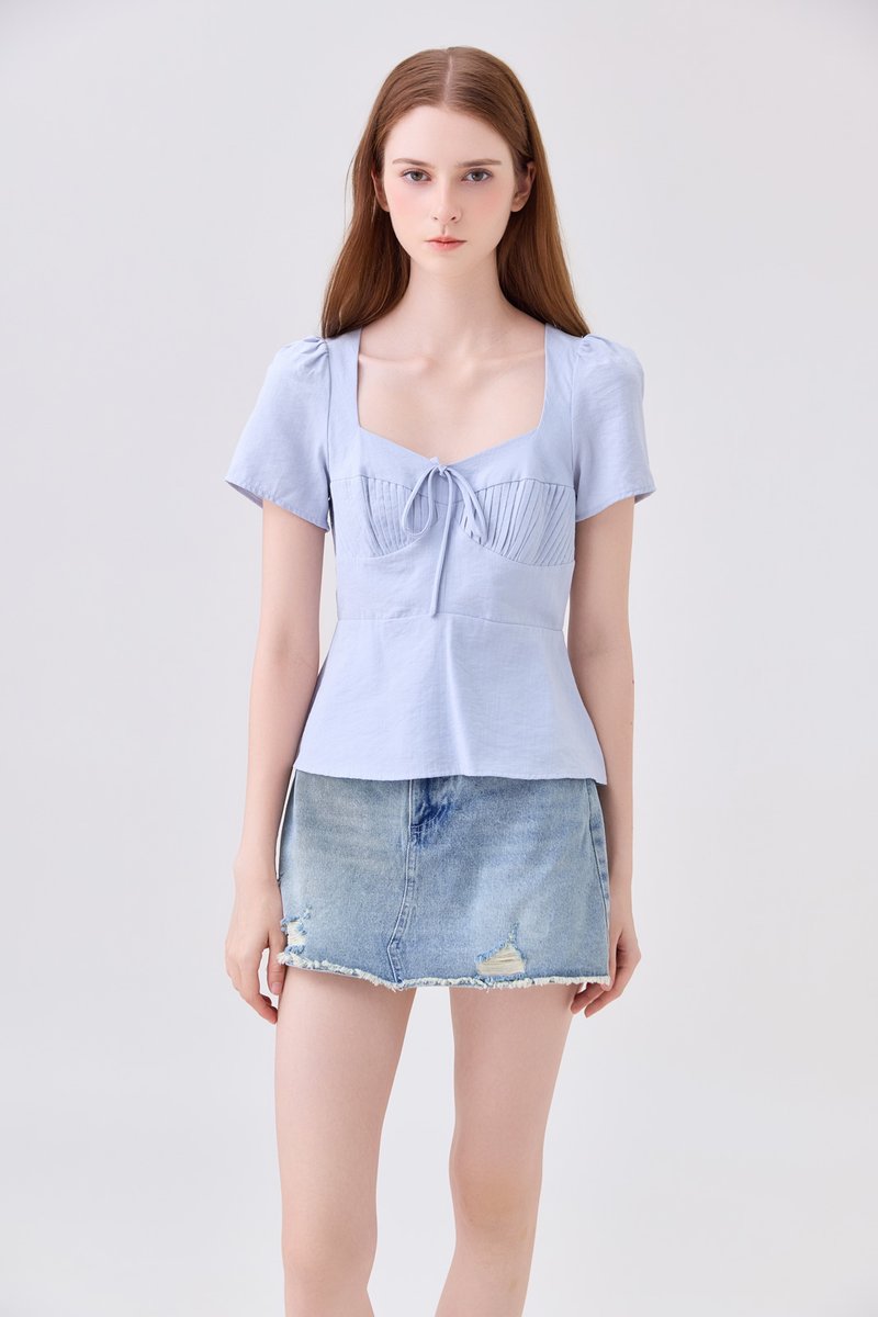 Mariana Pintuck Ribbon Top In Powder Blue