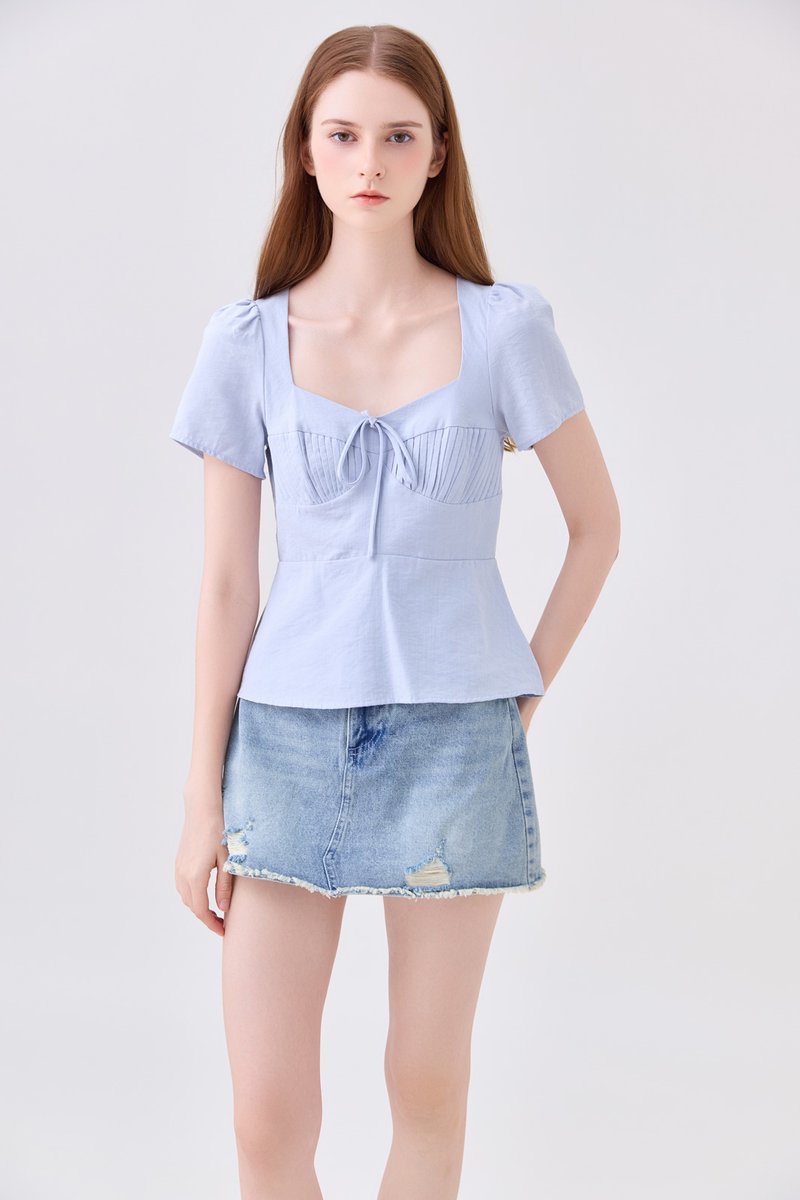 Mariana Pintuck Ribbon Top In Powder Blue