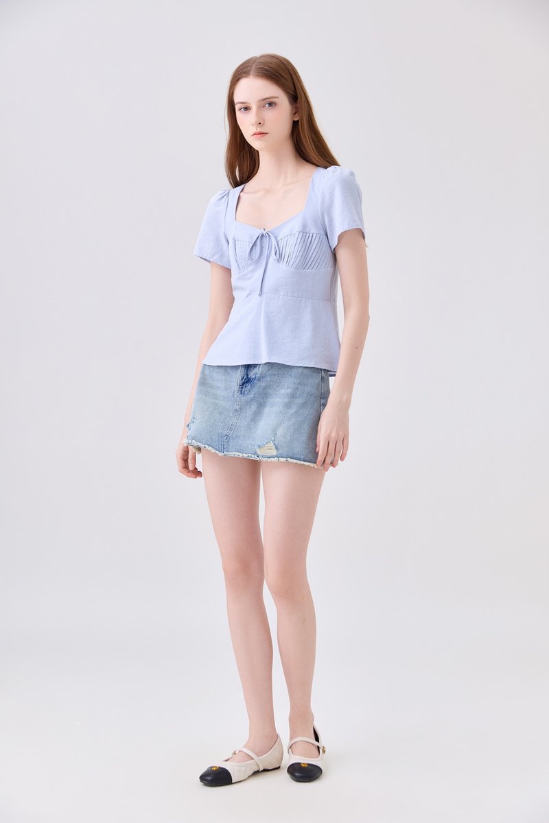 Mariana Pintuck Ribbon Top In Powder Blue