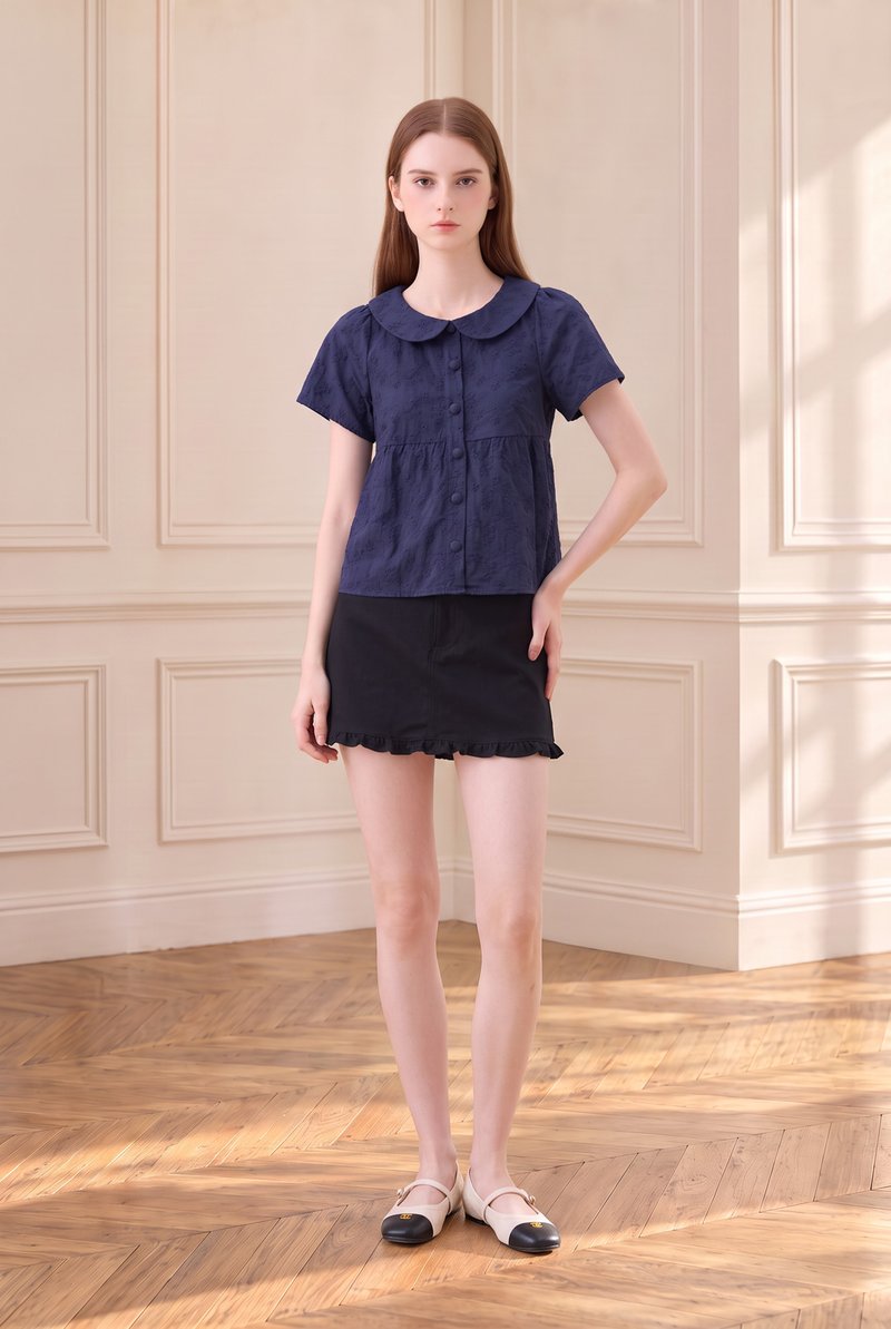 Solene Embroidered Peterpan Collar Top In Navy