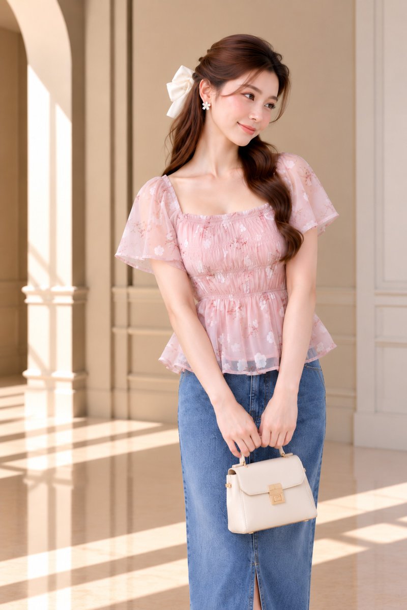 Maelle Floral Smocked Flutter Sleeve Top In Blush Pink