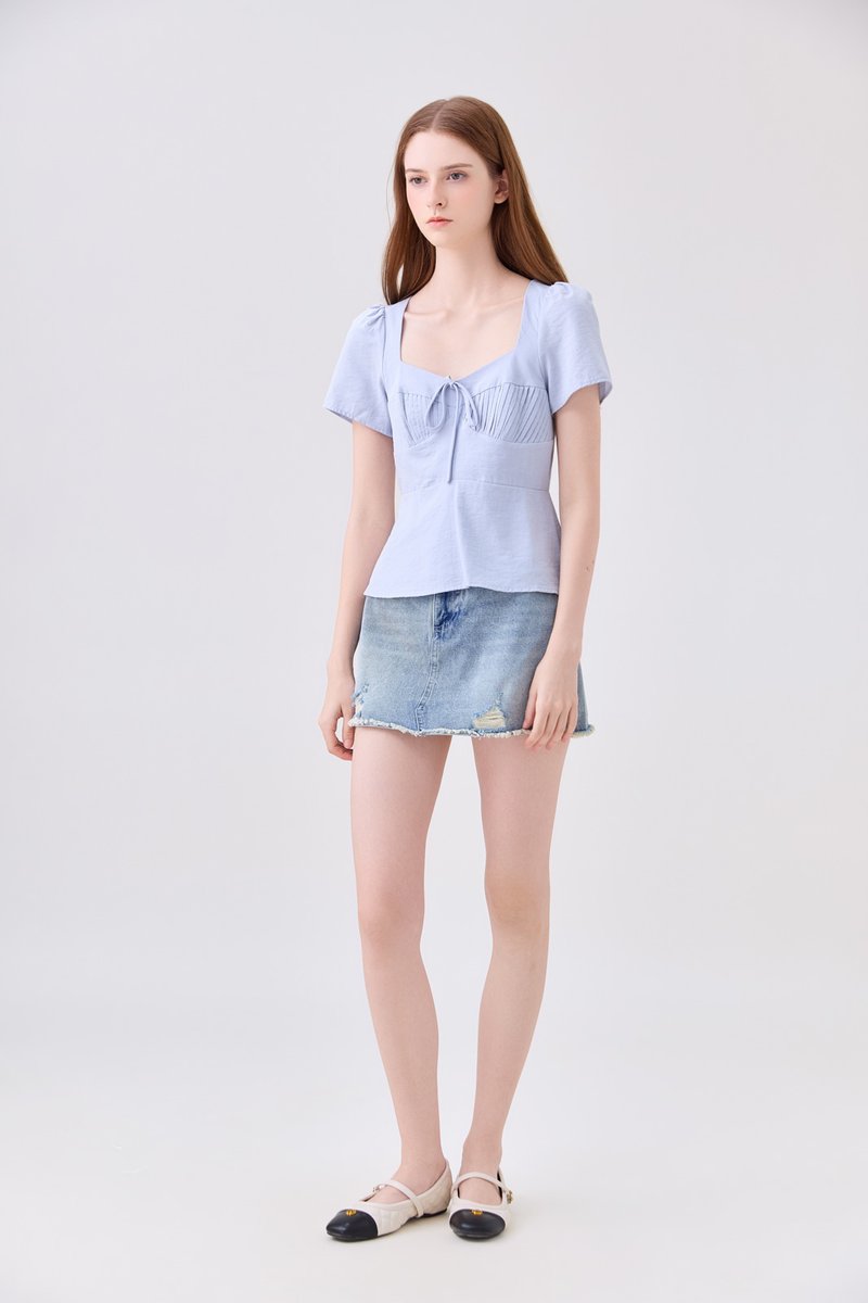Mariana Pintuck Ribbon Top In Powder Blue